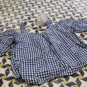 Off shoulder blue and white checkered shirt